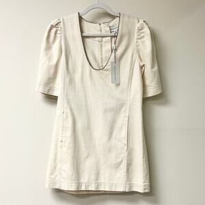 NWT Something Navy Puffed Sleeve Scoop Neck Shift Mini Dress Cream Womens Size M